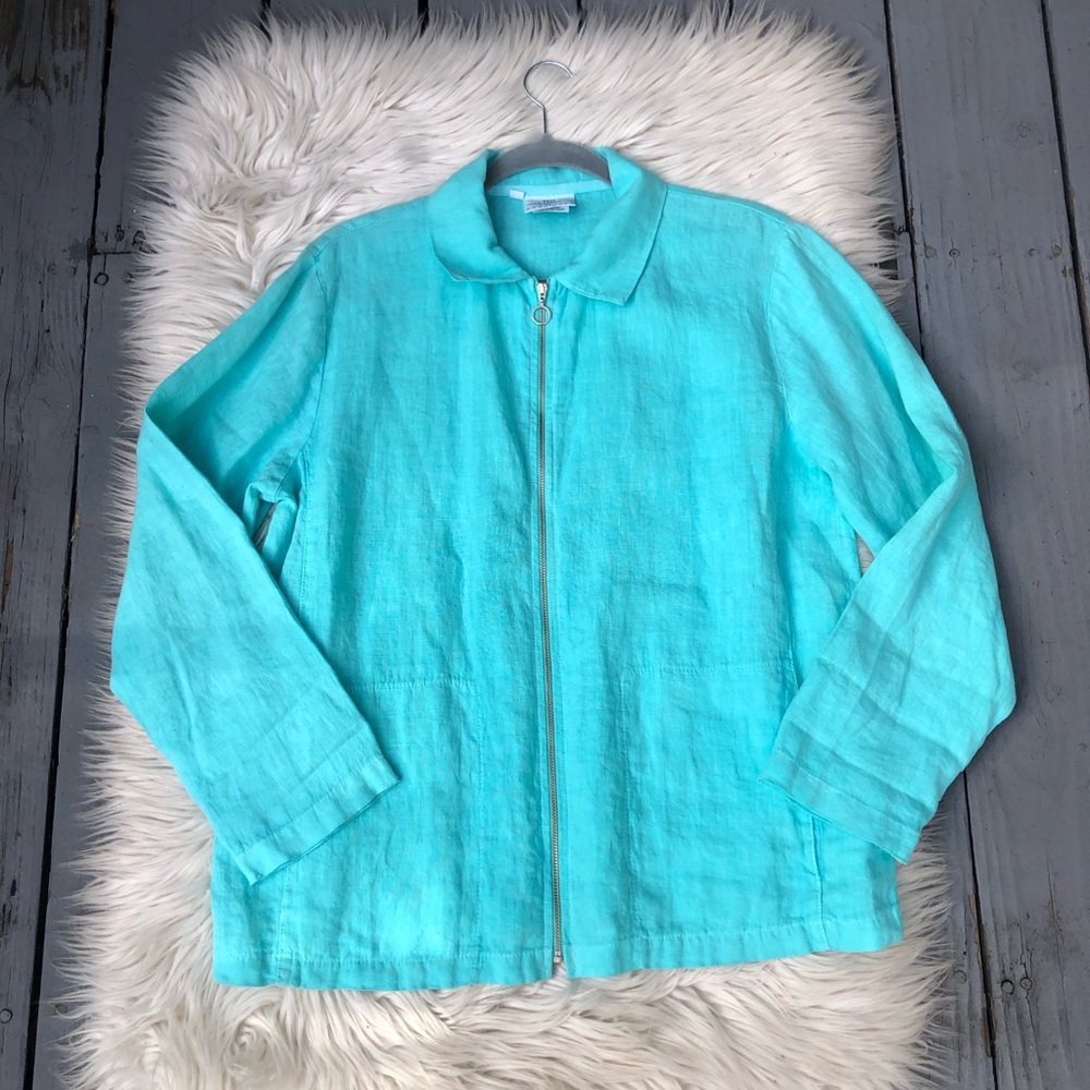 Hot Cotton by Marcwear 100% Linen Turquoise Zip Up Long Sleeves Top Jacket S